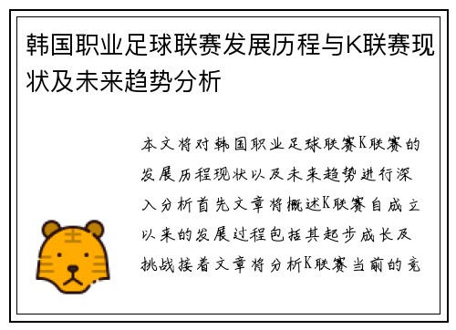 韩国职业足球联赛发展历程与K联赛现状及未来趋势分析