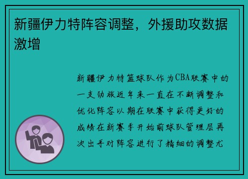 新疆伊力特阵容调整，外援助攻数据激增