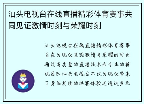 汕头电视台在线直播精彩体育赛事共同见证激情时刻与荣耀时刻